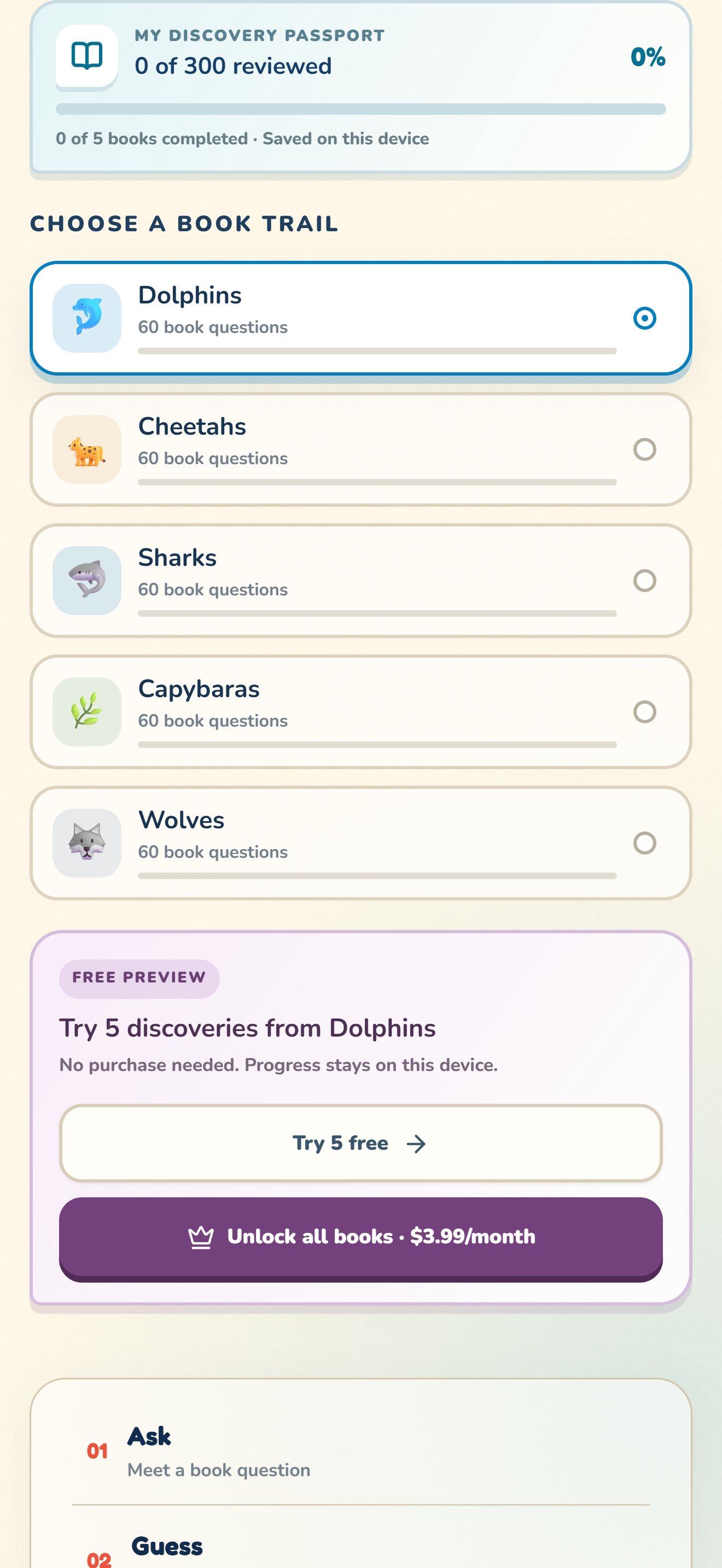 CurioKite version 1.2 animal trails, discovery passport and free five-question Dolphins preview