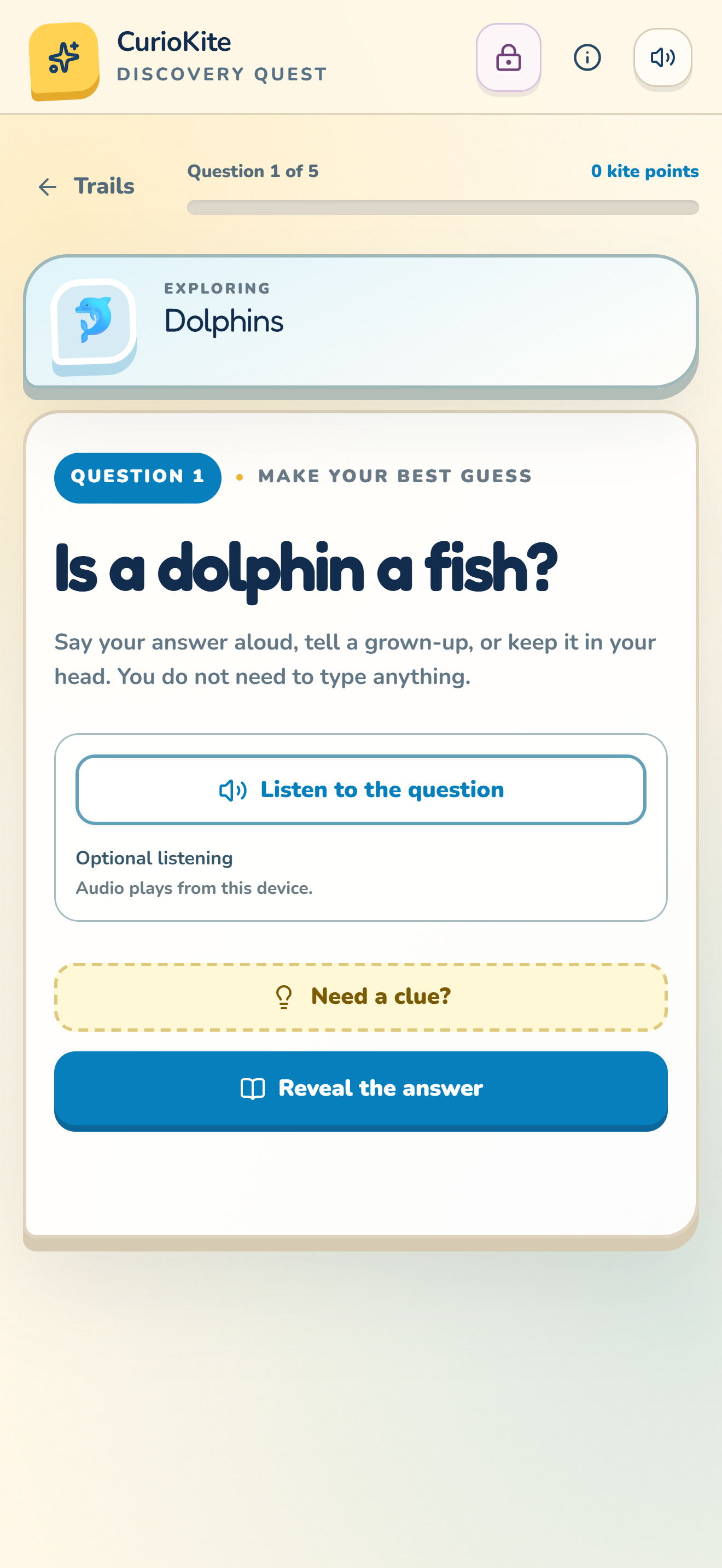 Dolphins question 1, Is a dolphin a fish, with optional Listen to the question, clue and reveal controls