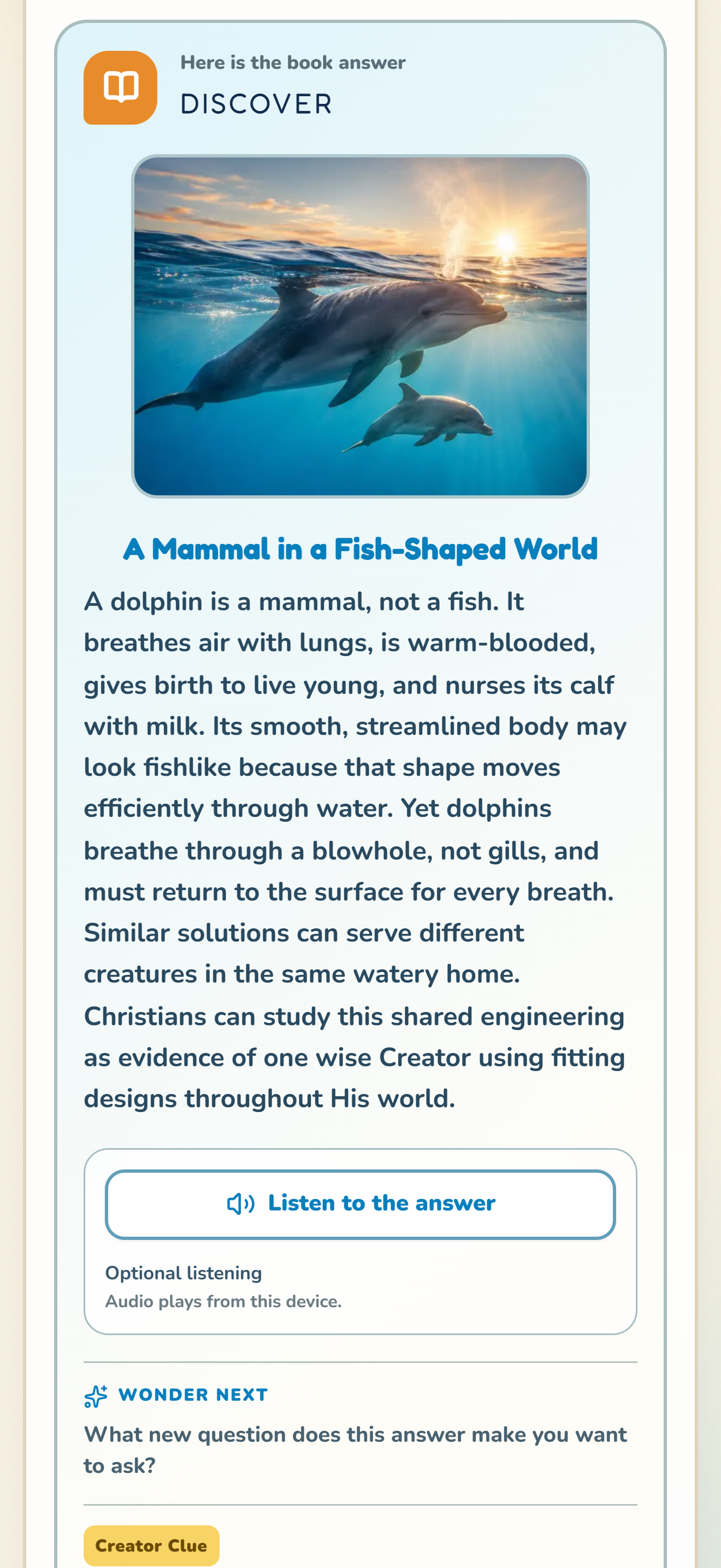 Matching Dolphins question 1 answer with dolphin illustration, centered A Mammal in a Fish-Shaped World heading and Listen to the answer control