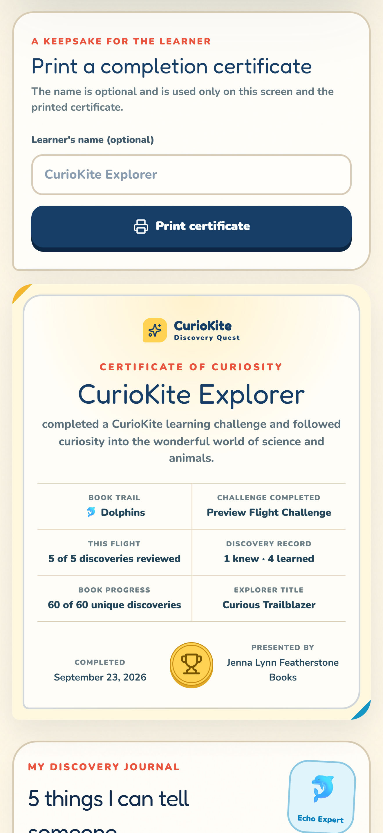 CurioKite completion screen with Print certificate button and a sample Dolphins learning challenge certificate