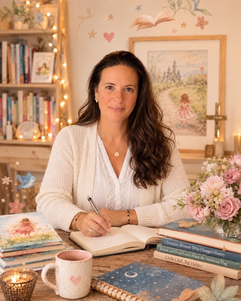 Jenna Lynn Featherstone writing at her desk