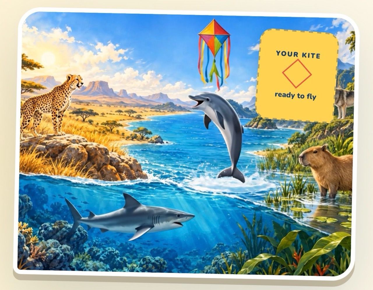 CurioKite Discovery Quest animal world with a colorful kite, cheetah, dolphin, shark, wolf, and capybara