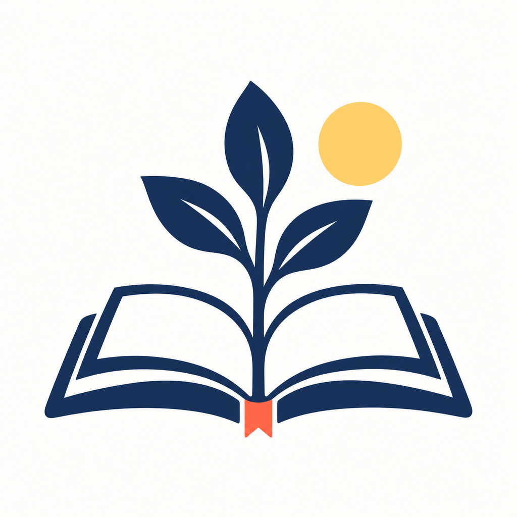 Learning Ledger app icon: an open book with a growing sprig, golden sun, and coral bookmark
