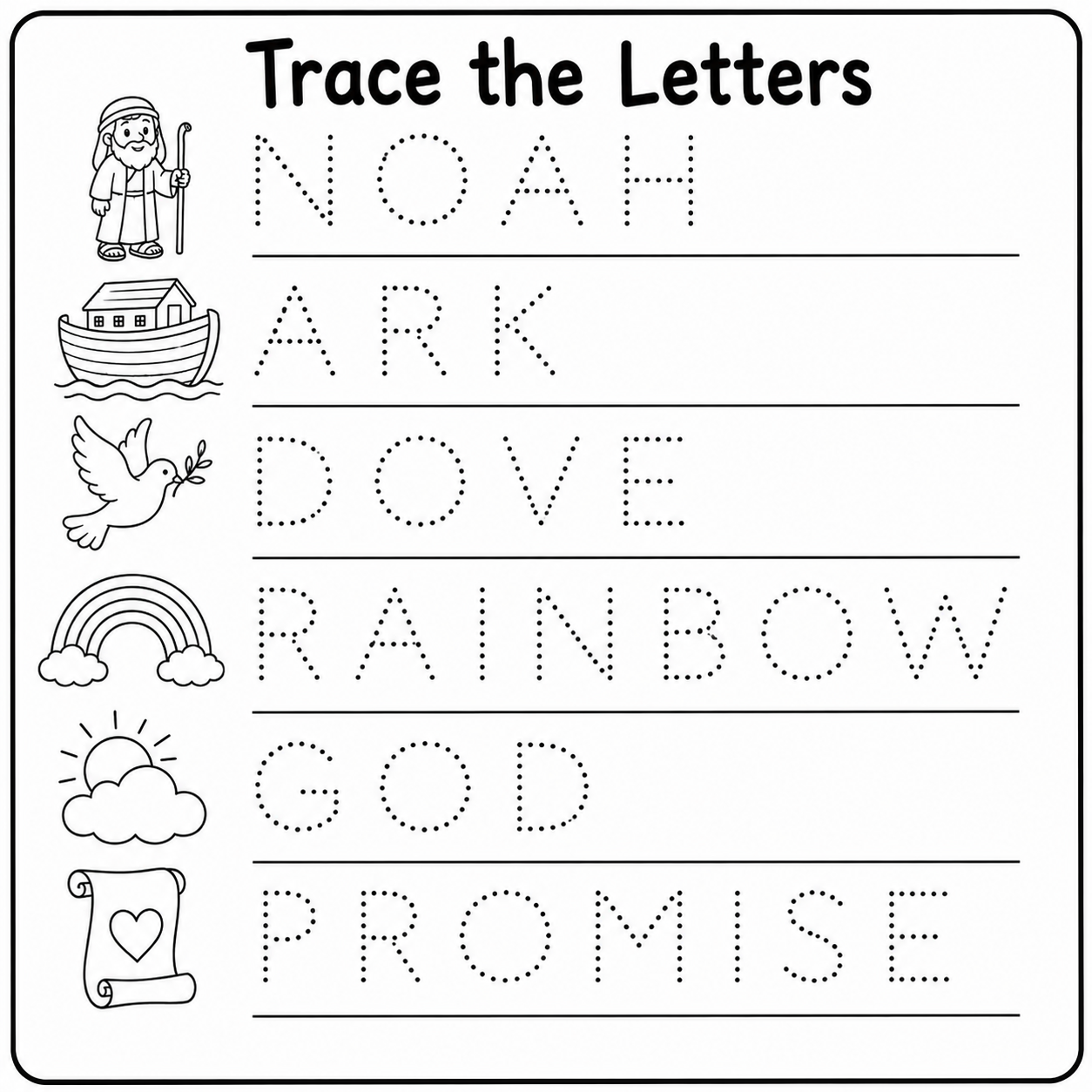 Trace Noah’s Ark Bible words printable worksheet