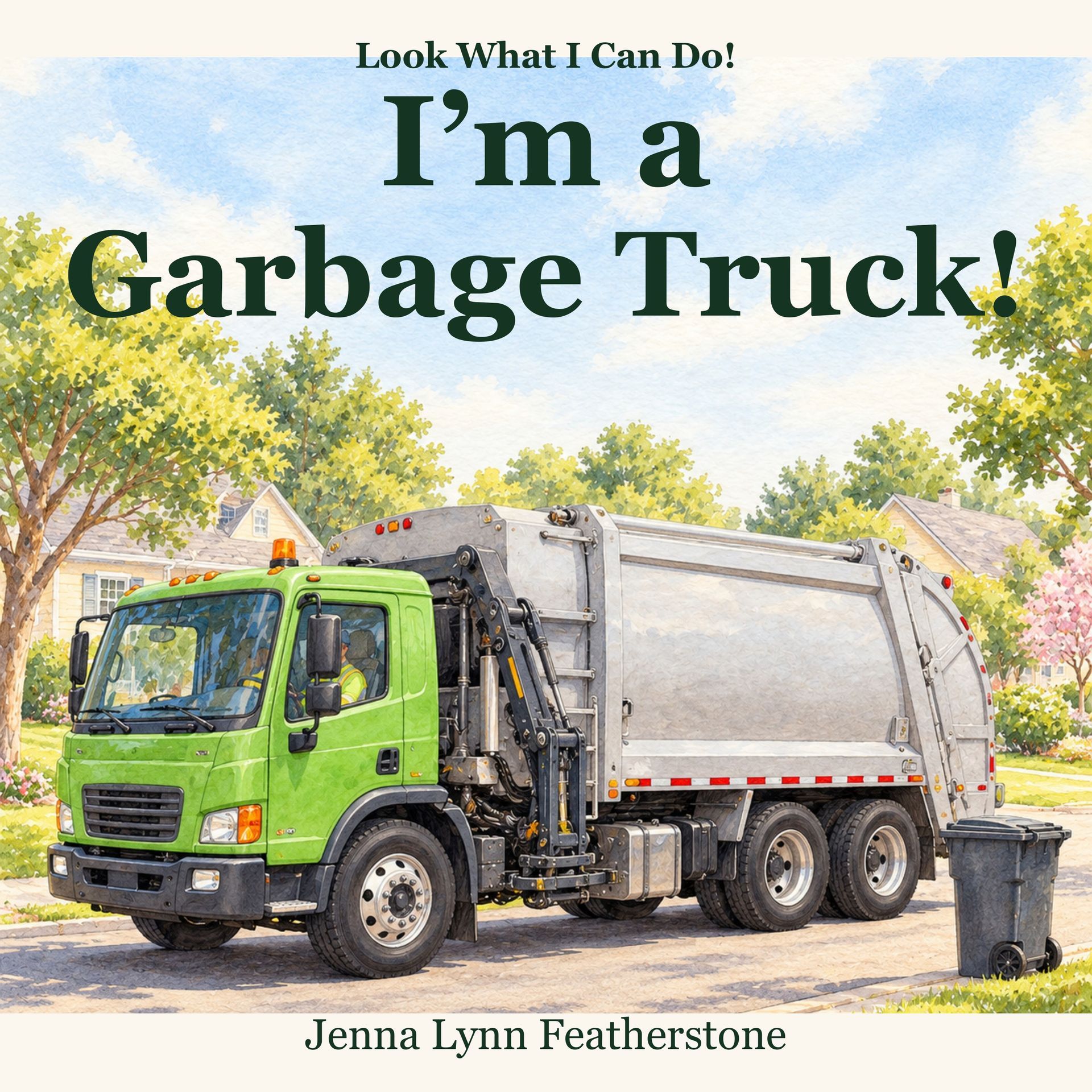 I’m a Garbage Truck! by Jenna Lynn Featherstone, with a green-cab, silver-body garbage truck in a watercolor neighborhood