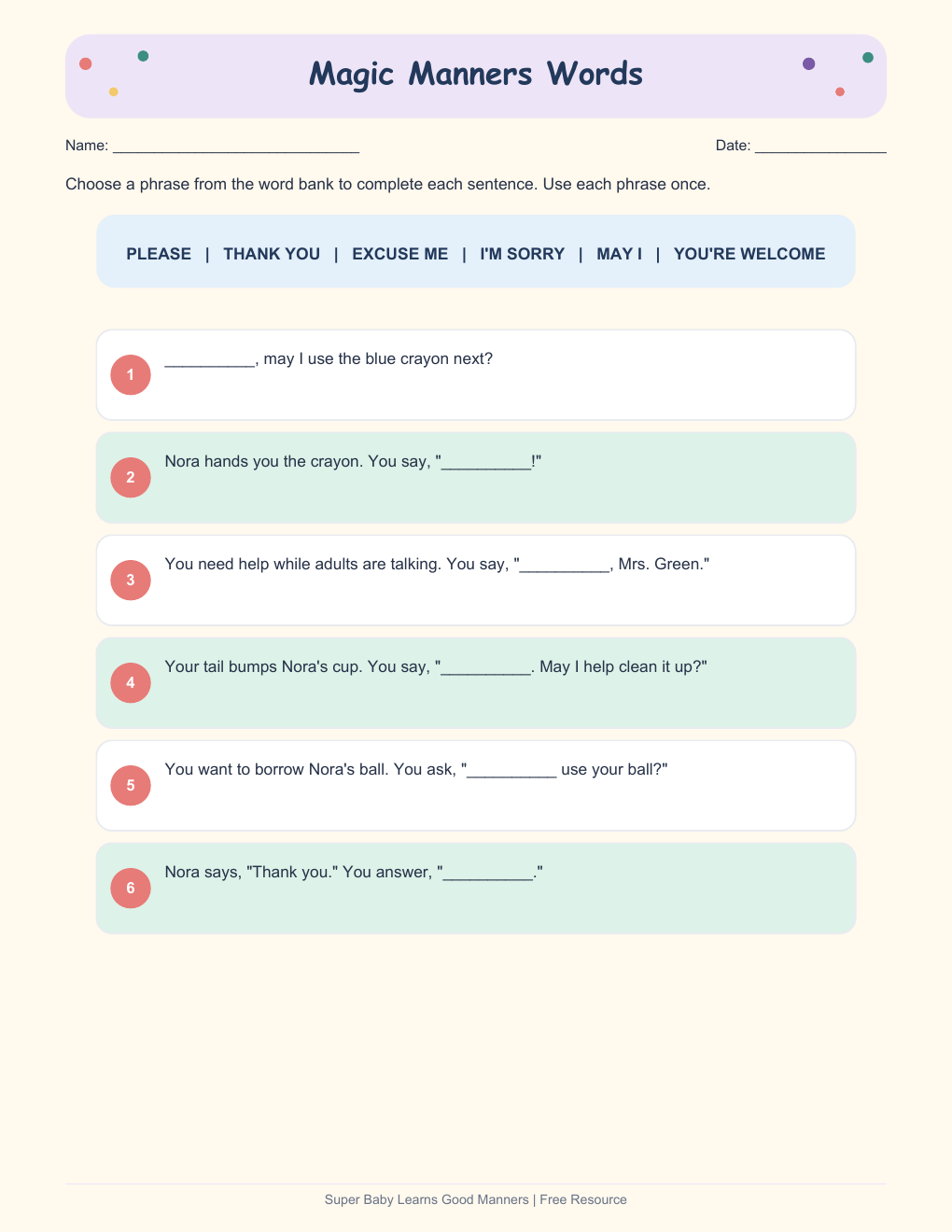 Preview of the Super Baby Good Manners worksheets