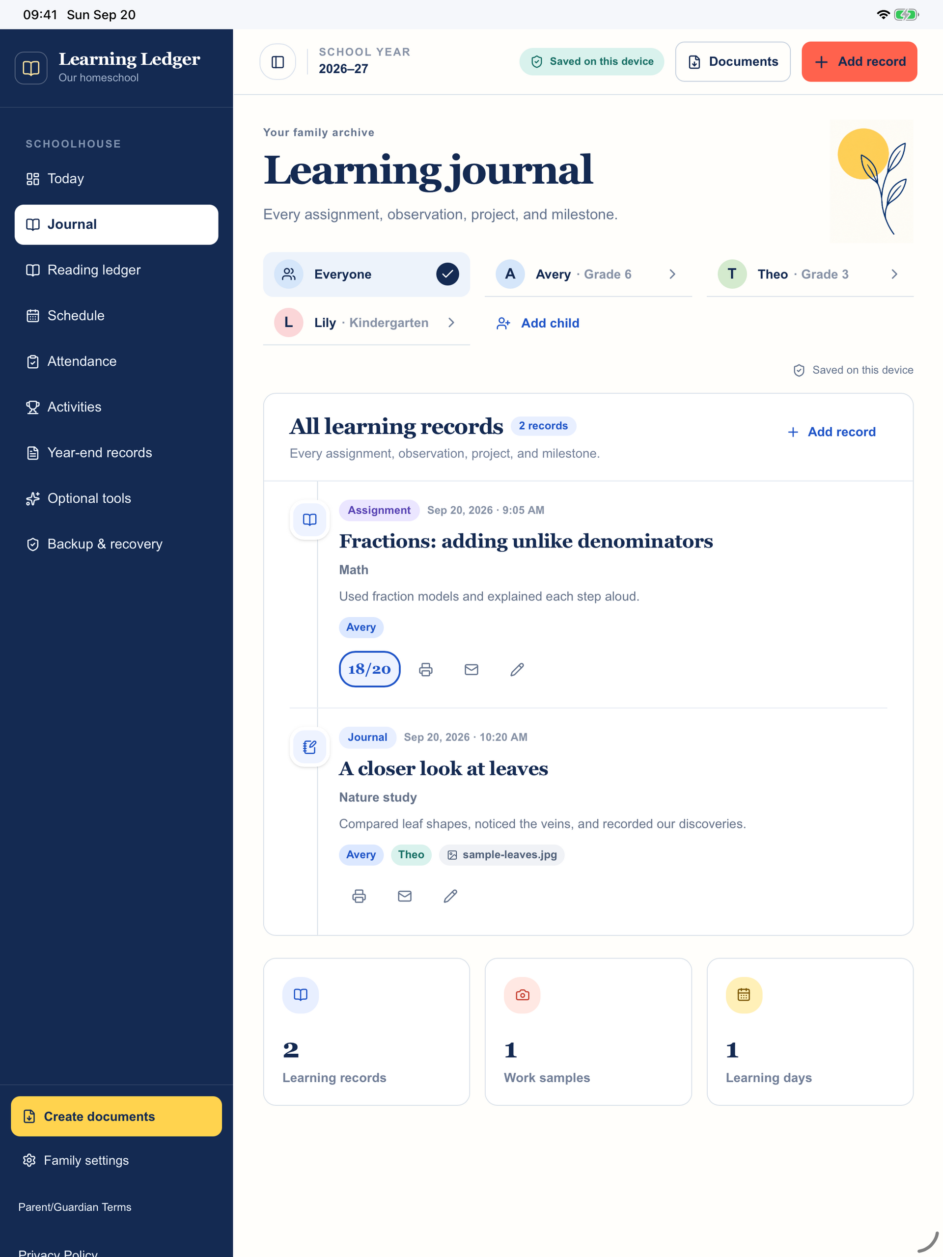 Learning Ledger iPad journal with a nature-study work sample and fictional child records