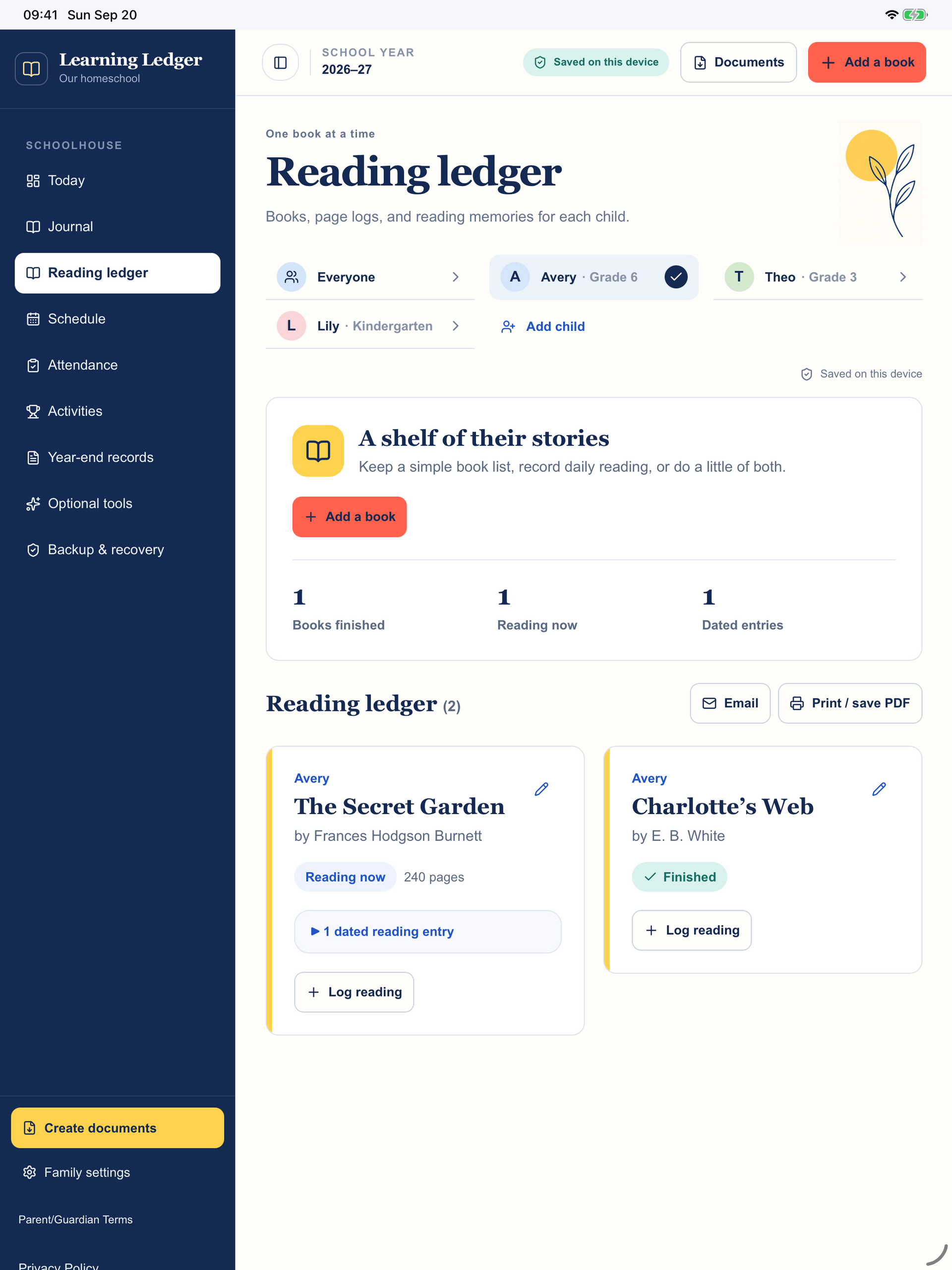 Learning Ledger iPad reading ledger with sample books and reading progress