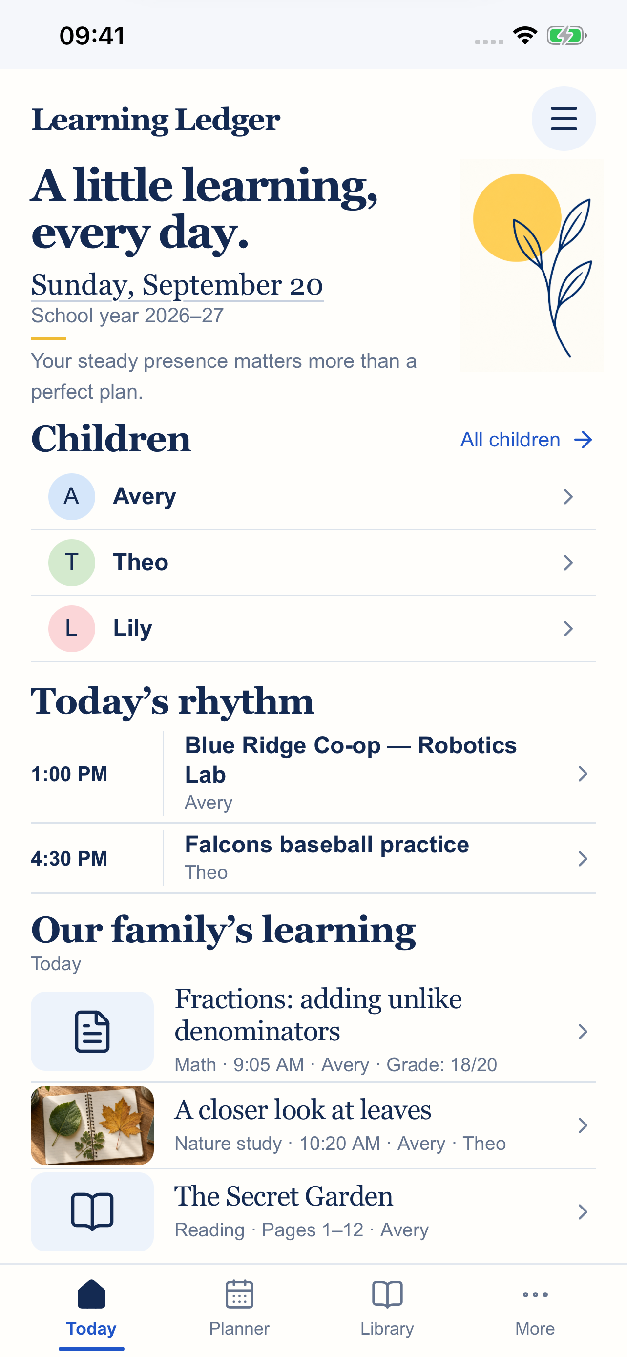 Learning Ledger Today screen with Avery, Theo, and Lily and their day’s learning plans; fictional sample records