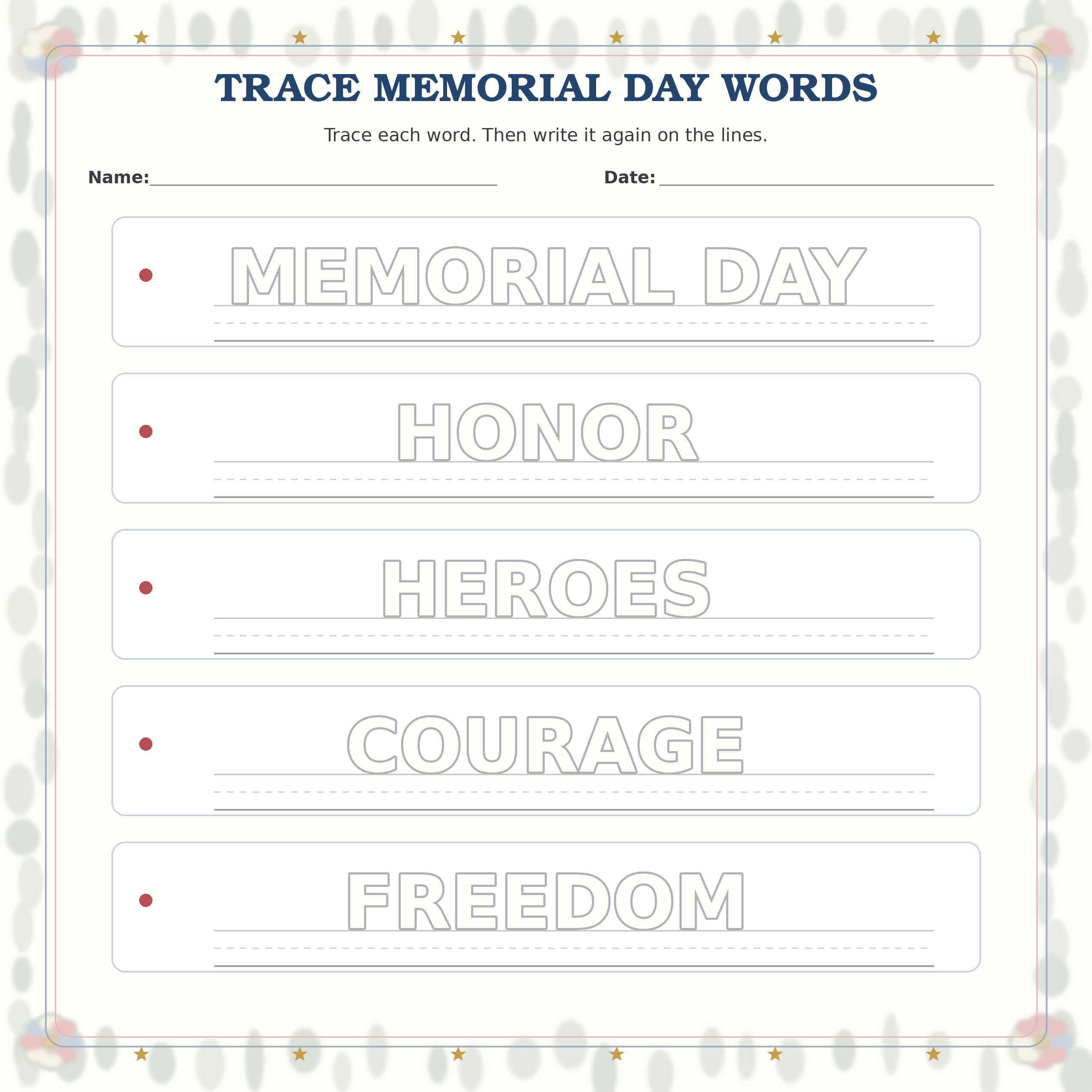 Trace Memorial Day Words printable preview