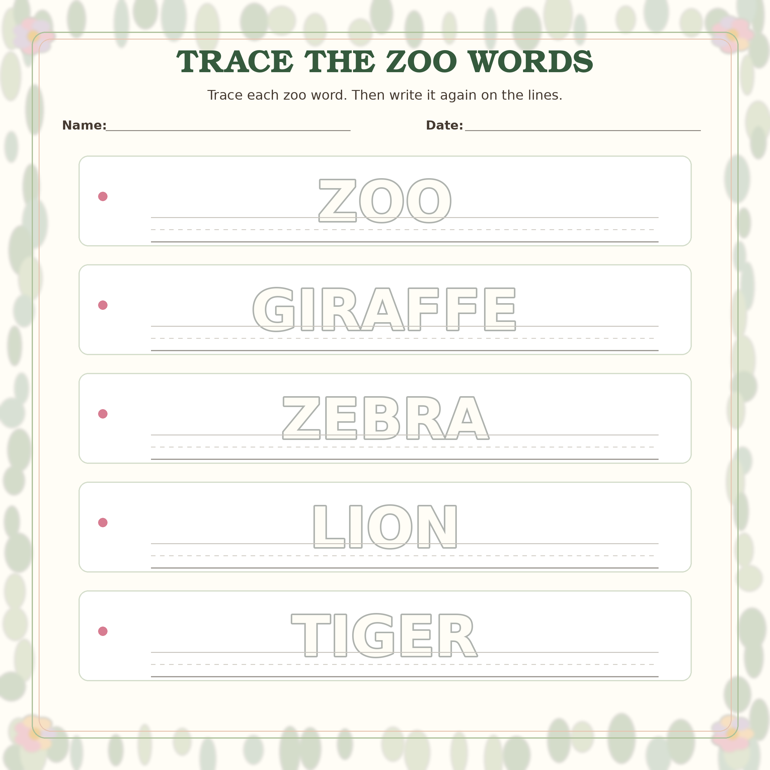 Trace the Zoo Words printable preview