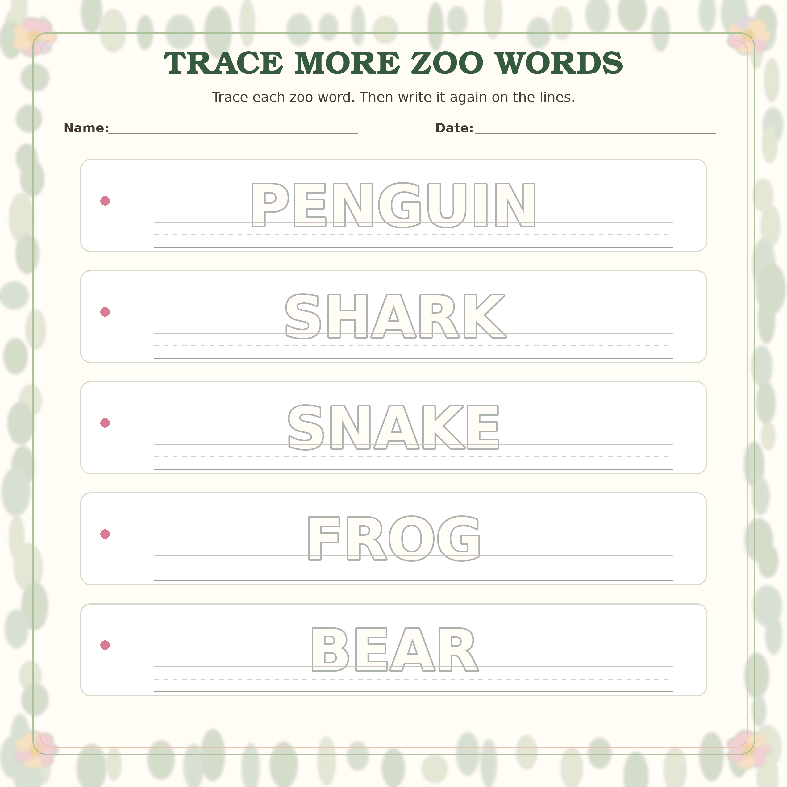 Trace More Zoo Words printable preview