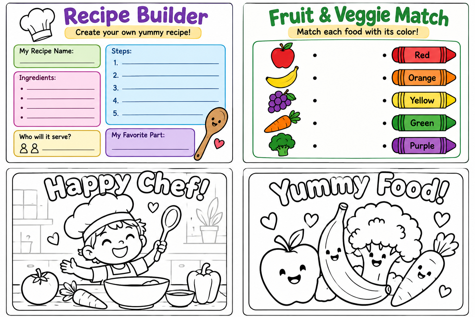 Recipe Builder, fruit and vegetable match, and coloring activities