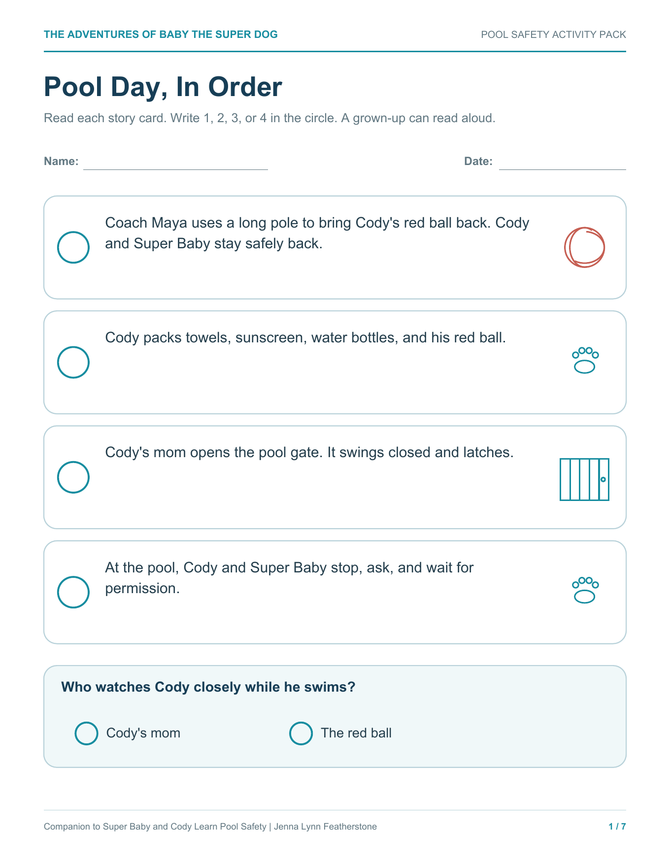 Super Baby and Cody pool safety activity pack preview