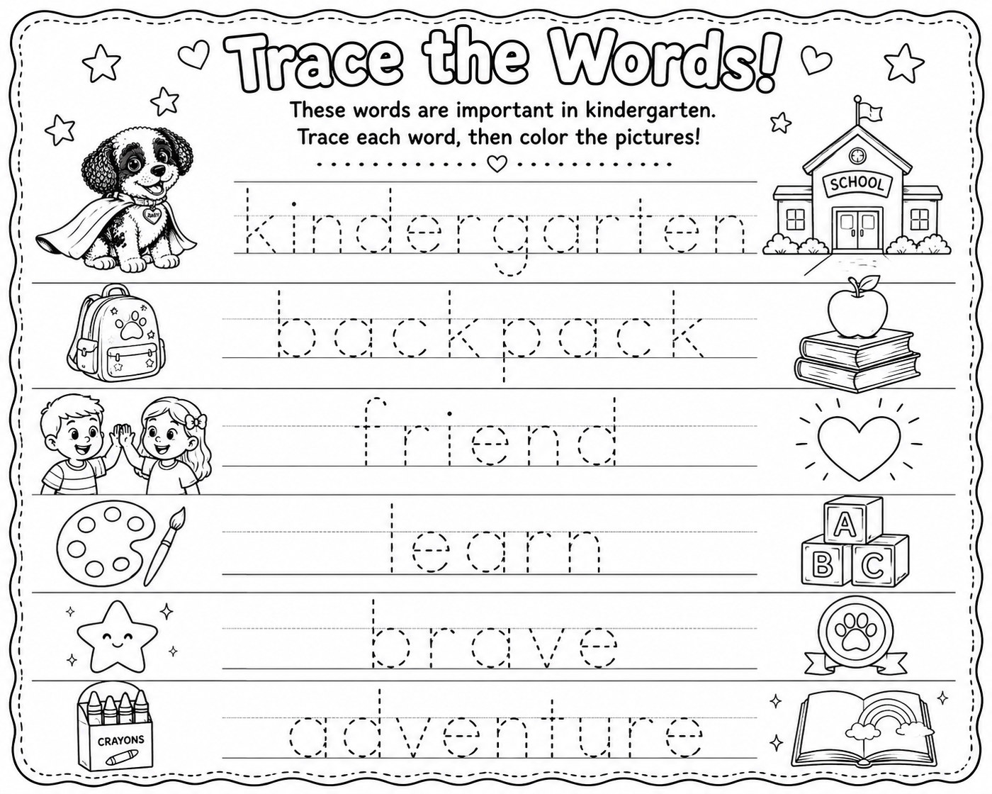 Trace the Kindergarten Words worksheet preview