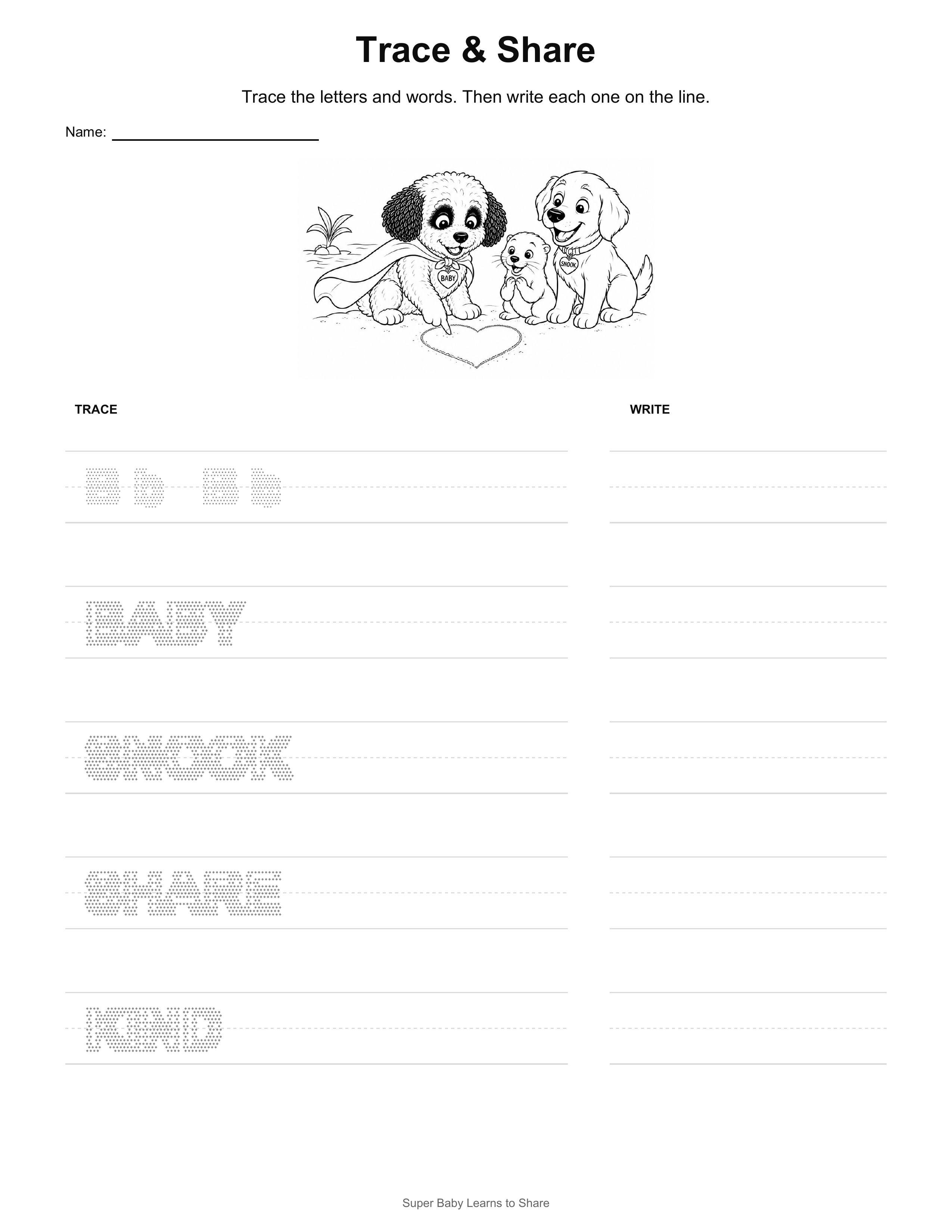 Trace and Share worksheet for Super Baby Learns to Share