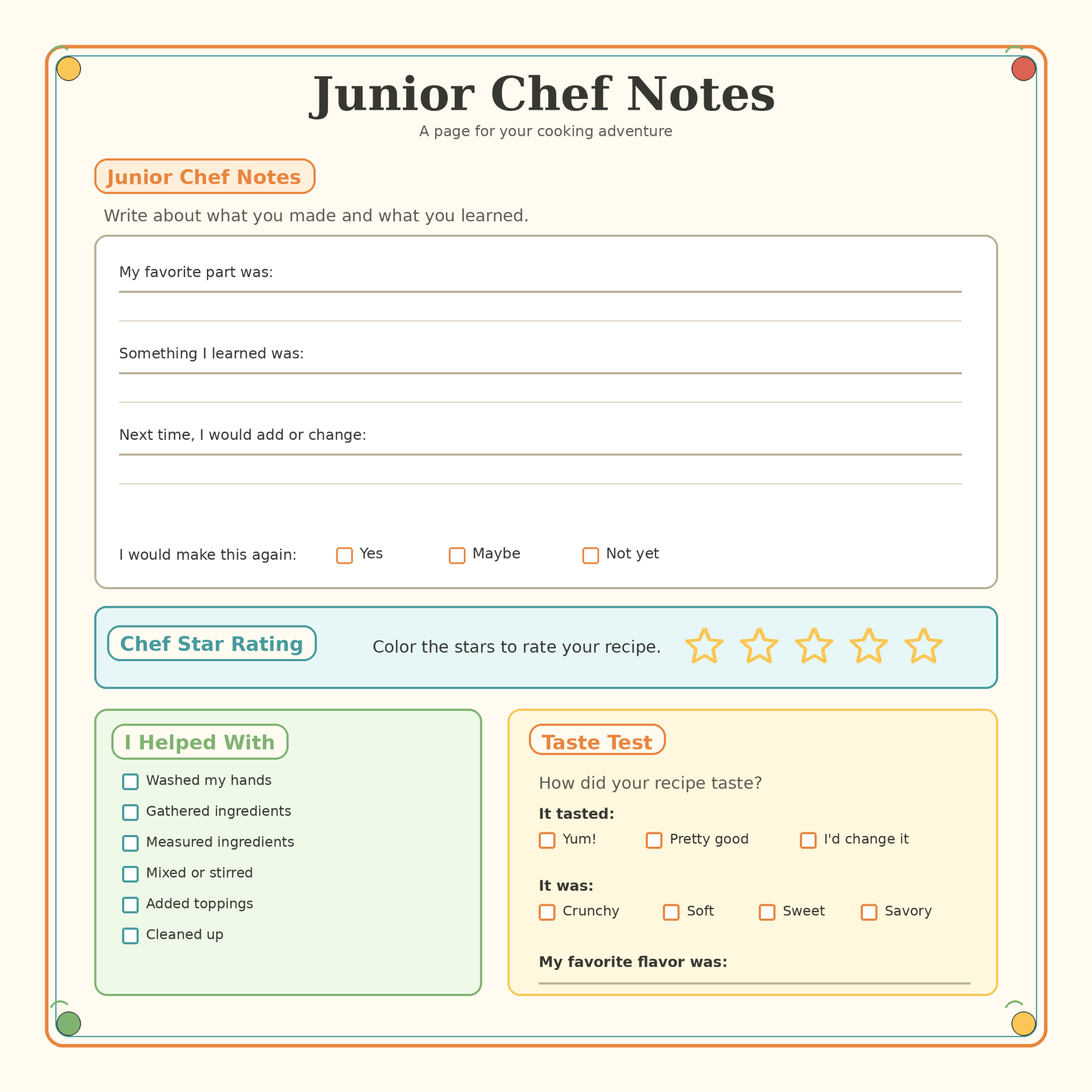 Junior Chef Notes and Taste Test printable for Little Chef, Big Helper