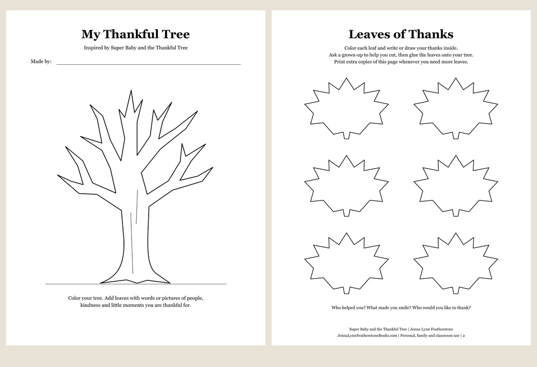 Preview of the free Thankful Tree template and six gratitude leaves