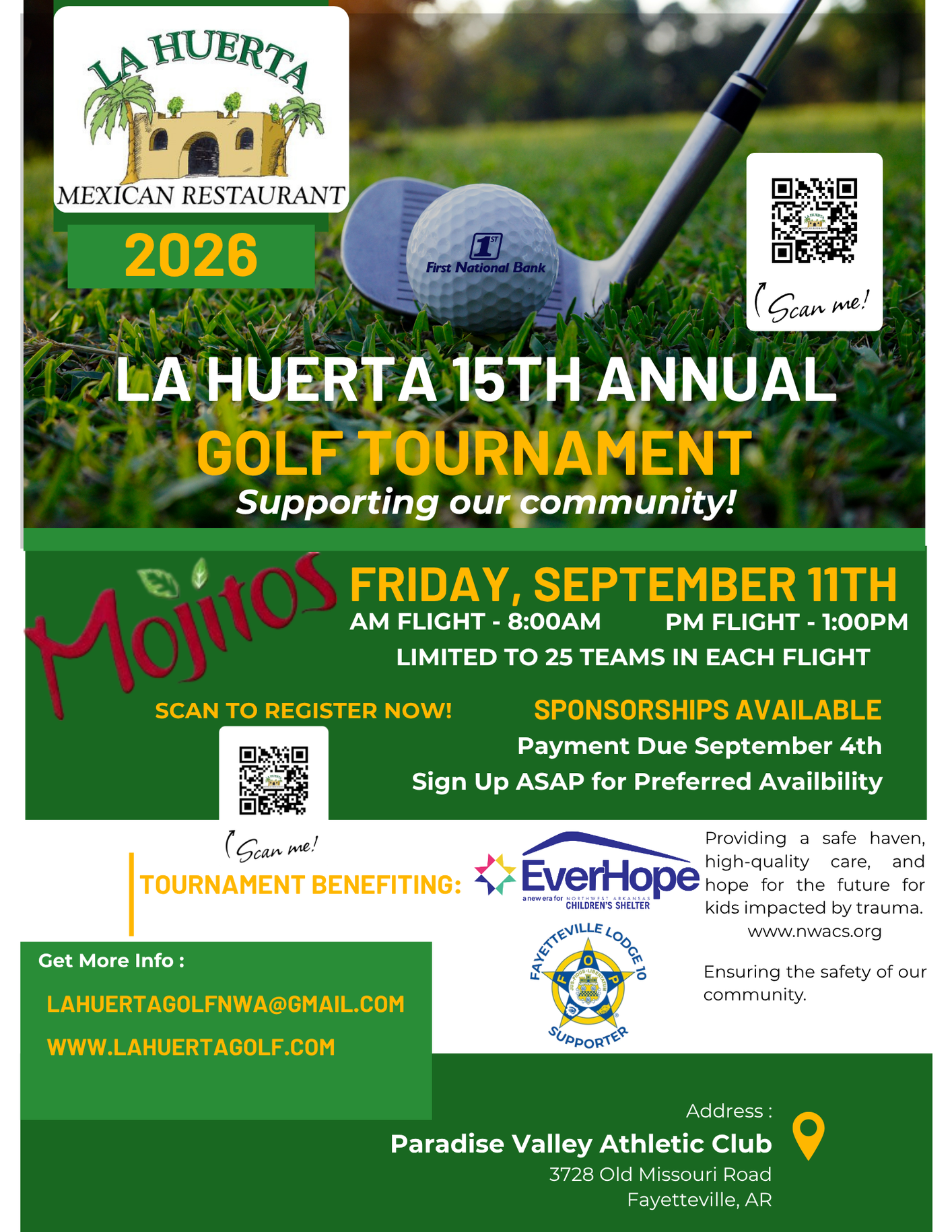 Golf tournament sponsorship flyer with green background and black text, outlining sponsorship levels.  La Huerta Golf Tournament