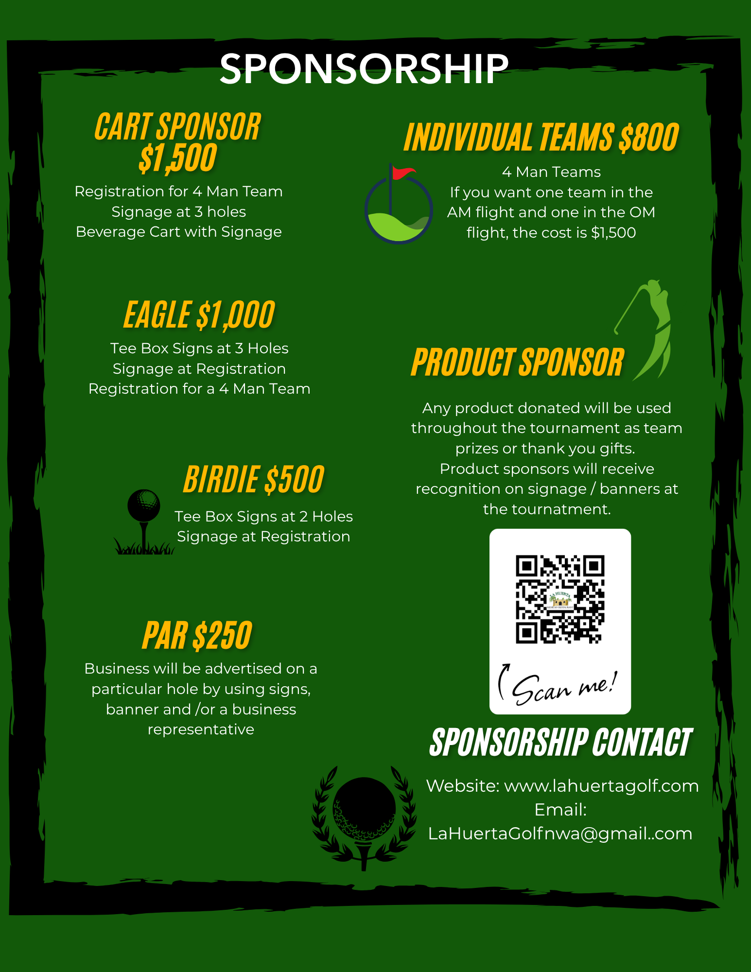 Golf tournament sponsorship flyer with green background and black text, outlining sponsorship levels.  La Huerta Golf Tournament