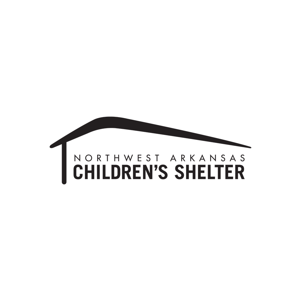 Logo for Northwest Arkansas Children's Shelter: a stylized black roof with a vertical line on the left; text below reads