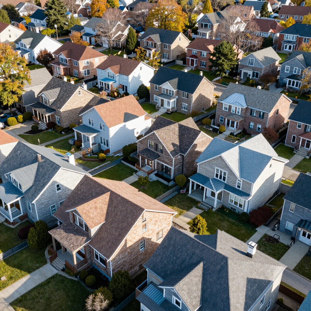 Aerial view of a suburban neighborhood with closely packed houses and tree-lined streets.