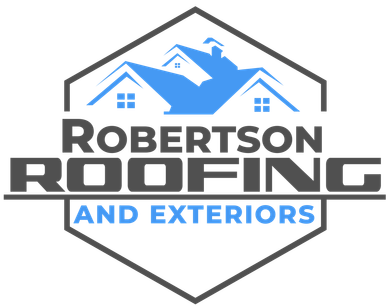 Logo for Robertson Roofing and Exteriors; a blue house image inside a black and grey hexagon, text overlay.