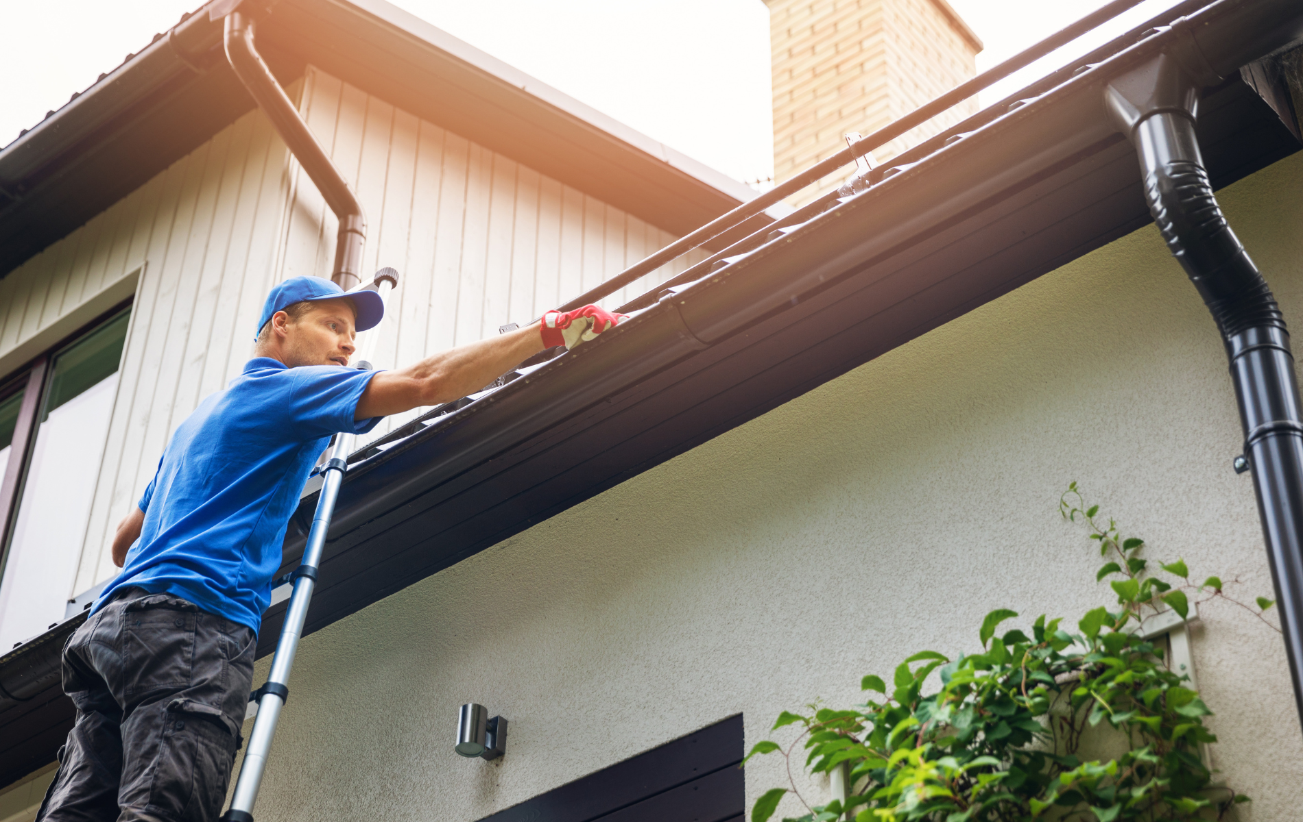 Man on ladder cleaning a black gutter on a white house.