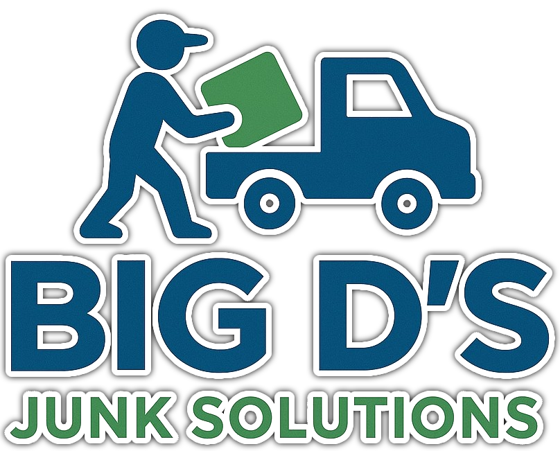 Big D’s Junk Solutions logo with blue worker unloading a green bin into a truck
