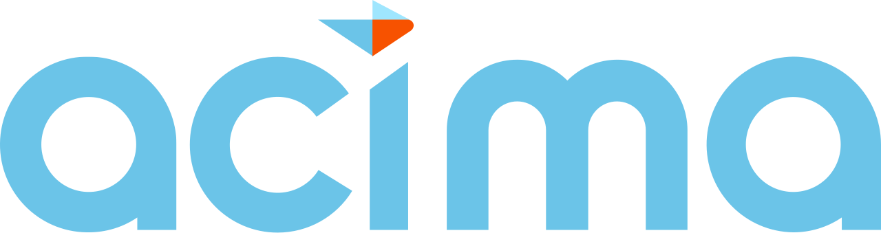 Acima logo in light blue with a small orange accent above the letters