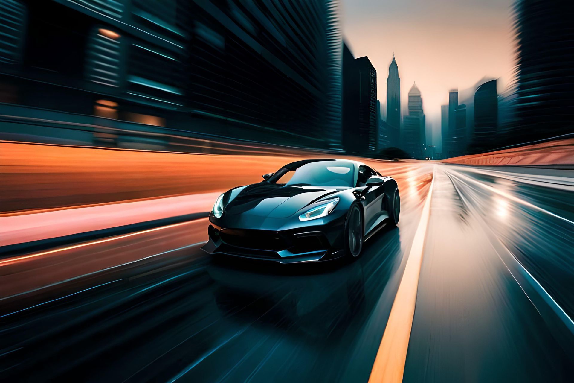 Black sports car speeding down a wet city street at dusk with motion blur and neon light streaks