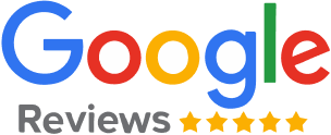 Google Reviews logo with multicolored Google text and five gold stars