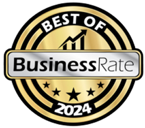 Gold-and-black “Best of BusinessRate 2024” award badge with stars and a chart icon