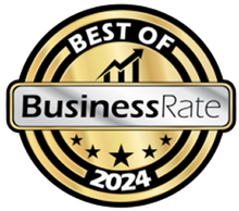 Gold-and-black “Best of BusinessRate 2024” award badge with stars and a chart icon