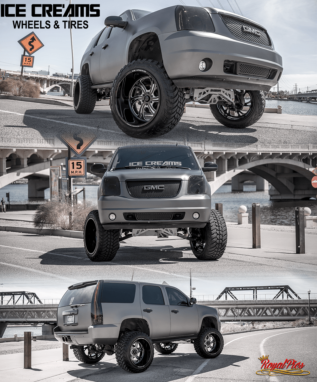 Lifted silver SUV with black wheels parked in snowy street scenes, shown in three angles