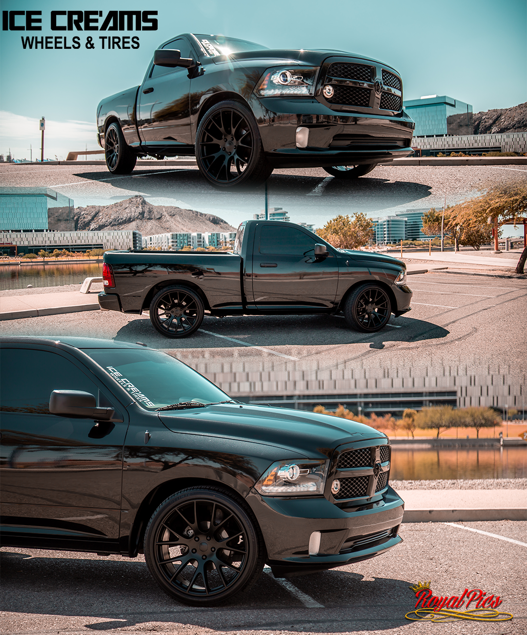 Black Dodge Ram pickup truck with custom wheels, shown in three angles on a sunny street.
