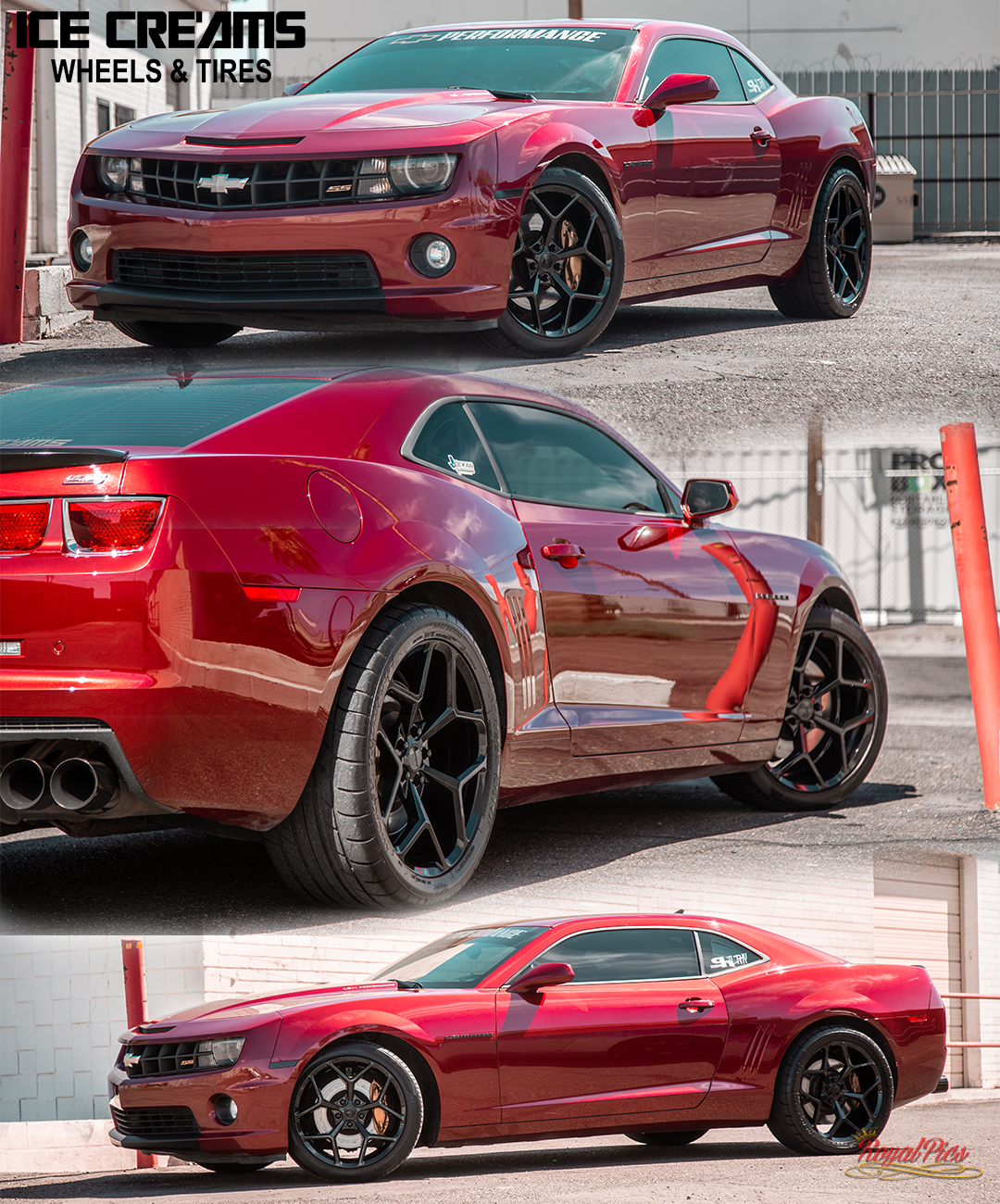 Red sports coupe with black wheels, shown in three angles at a wheel shop, featuring a glossy custom finish.