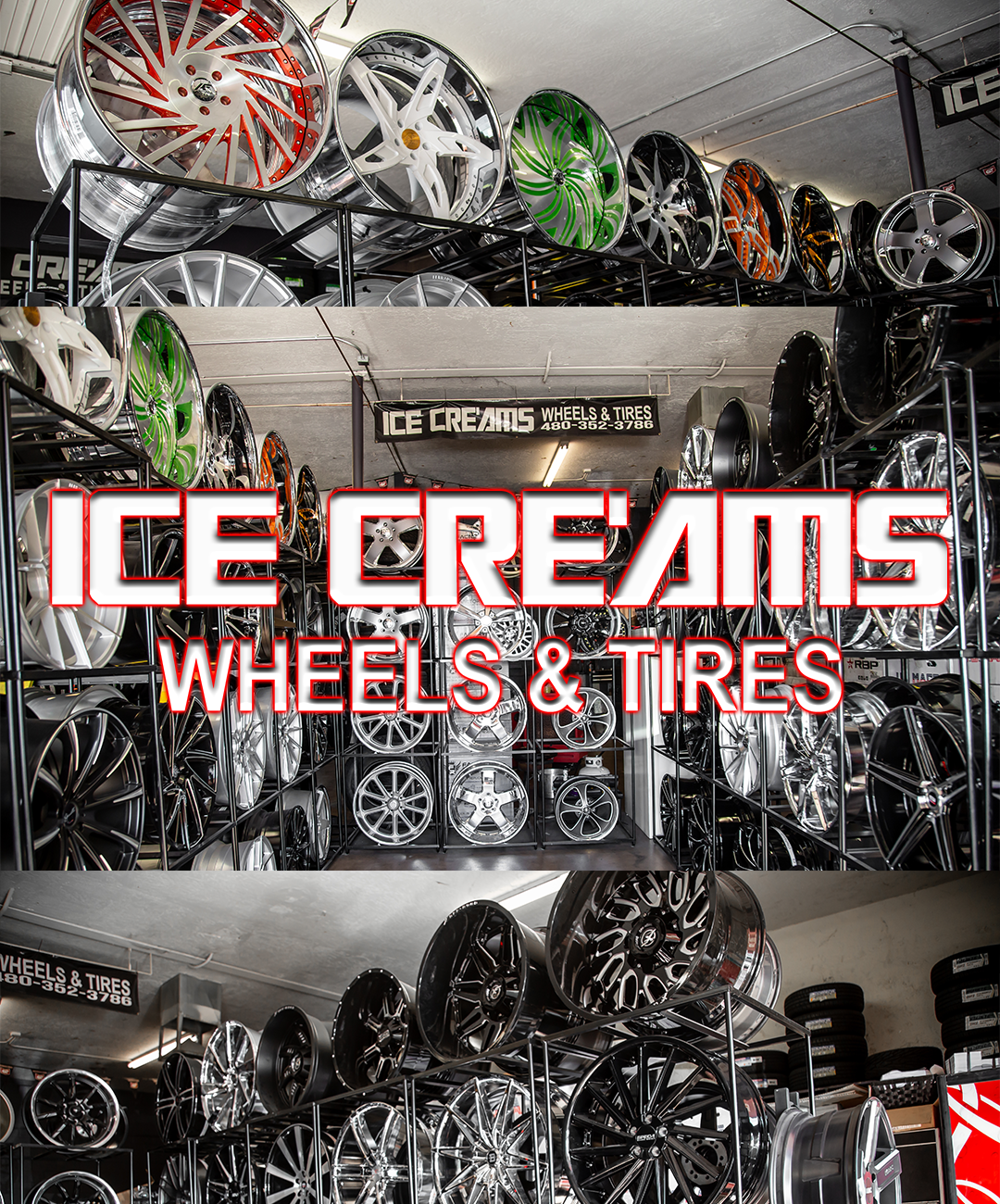 Ice cream shop display of custom wheels and tires, with bold “ICE CREAMS WHEELS & TIRES” signage.