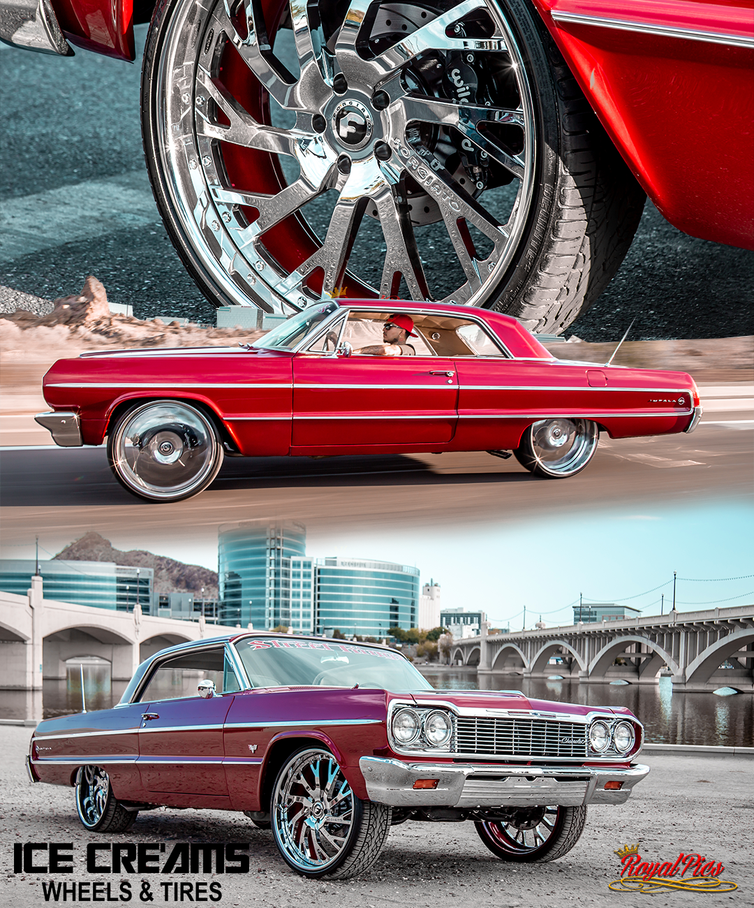 Three-panel collage of a red classic custom car and a silver lowrider with chrome wheels in urban settings
