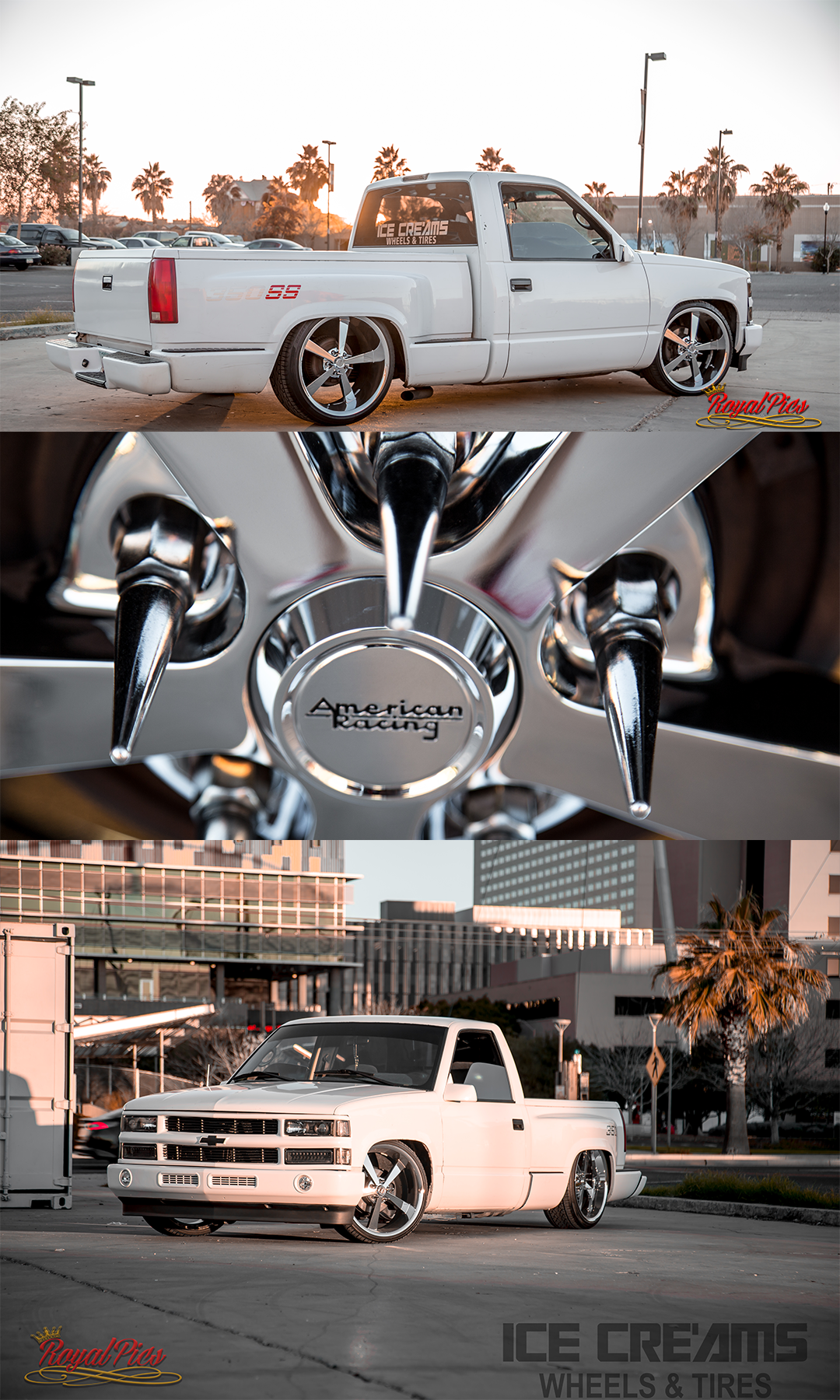 White custom lowered pickup truck with chrome wheels and grille, shown in three views at sunset.