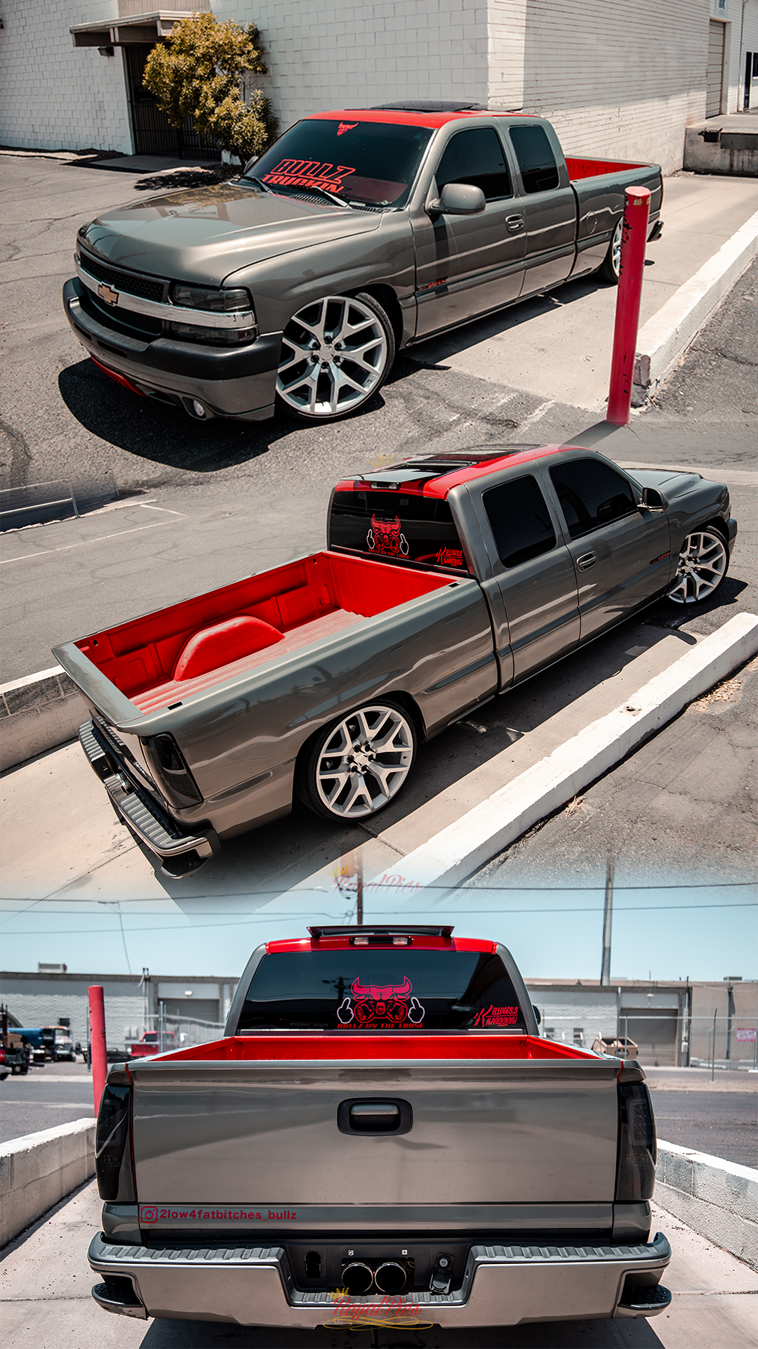 Custom gray pickup truck with red interior and bed, shown in three views on a sidewalk curb.