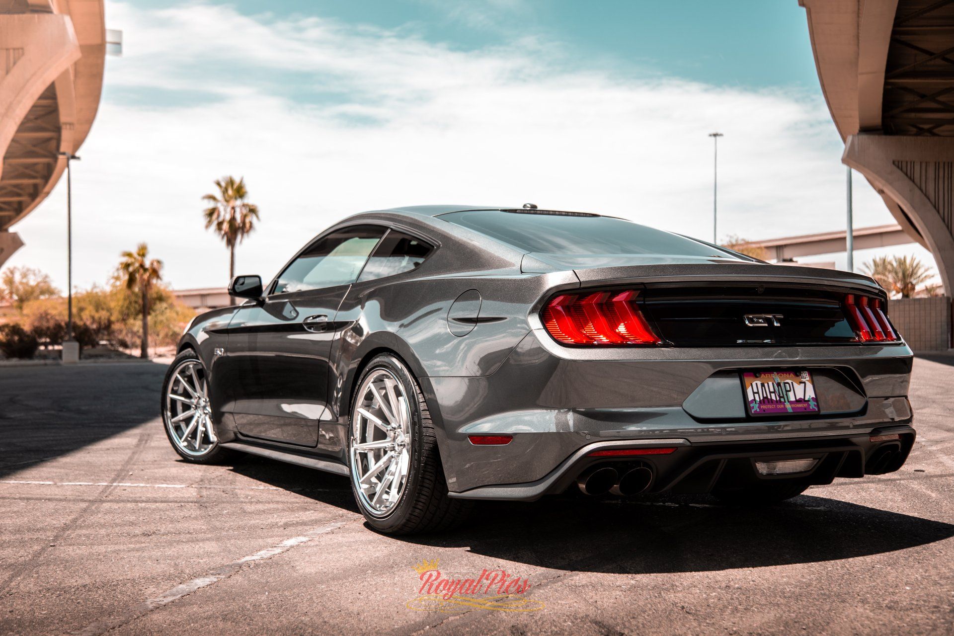 Black sports coupe parked under a bridge, viewed from the rear in a sunny lot.