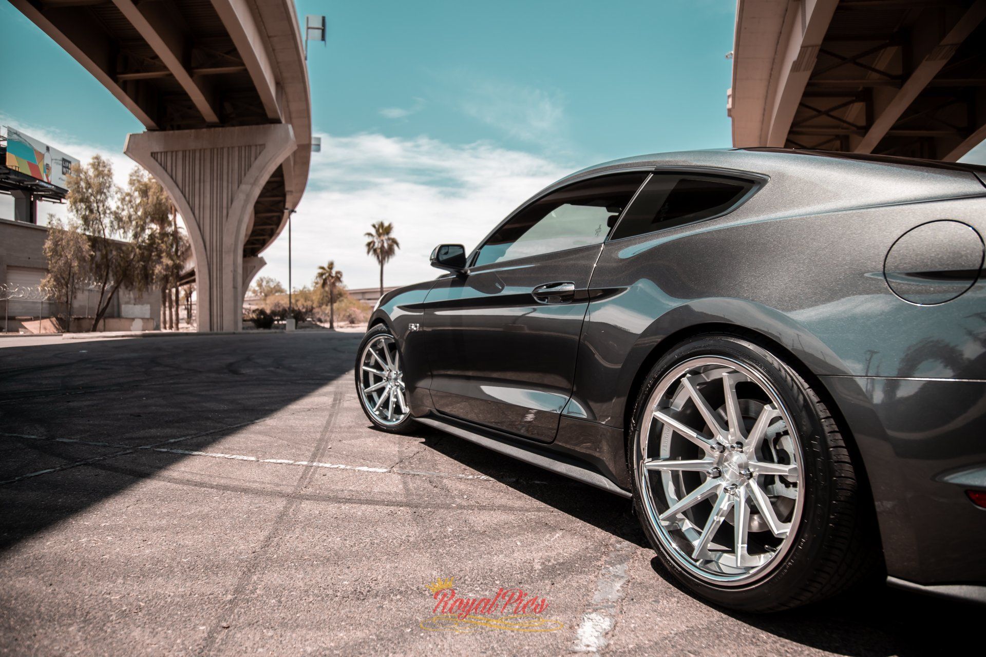 Dark gray sports car parked under freeway overpasses on a sunny street