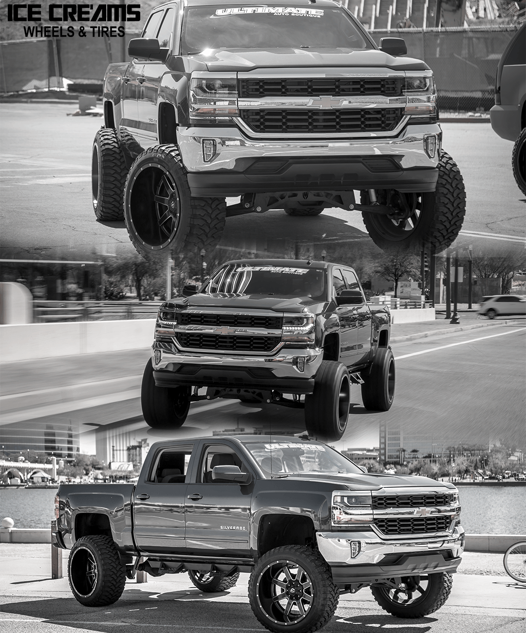 Collage of a lifted silver pickup truck in multiple front and side views