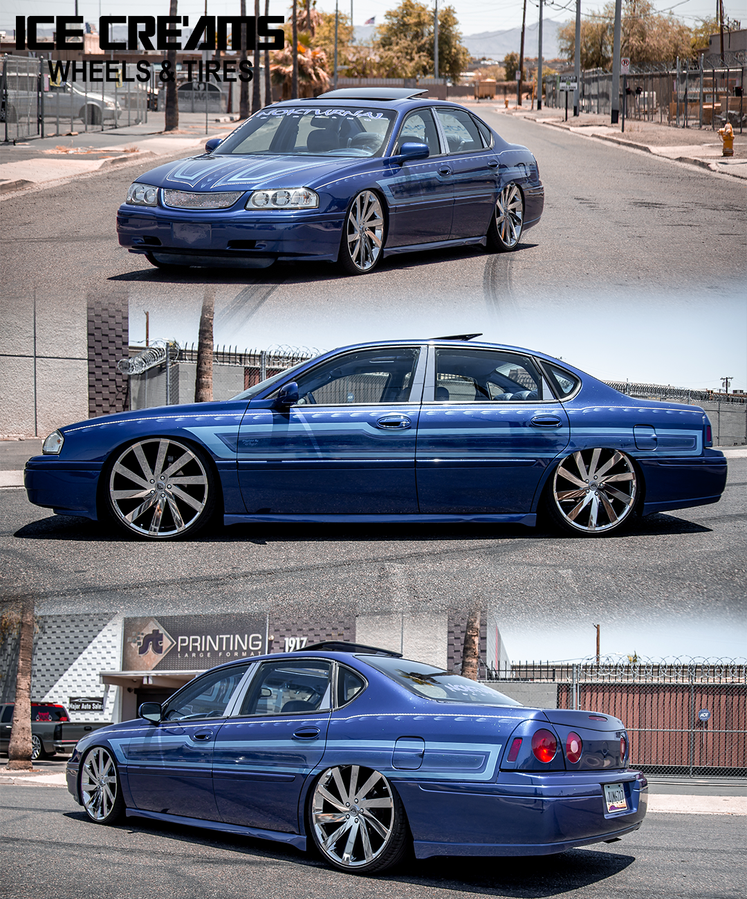 Blue lowered sedan shown from front, side, and rear in an outdoor parking lot.