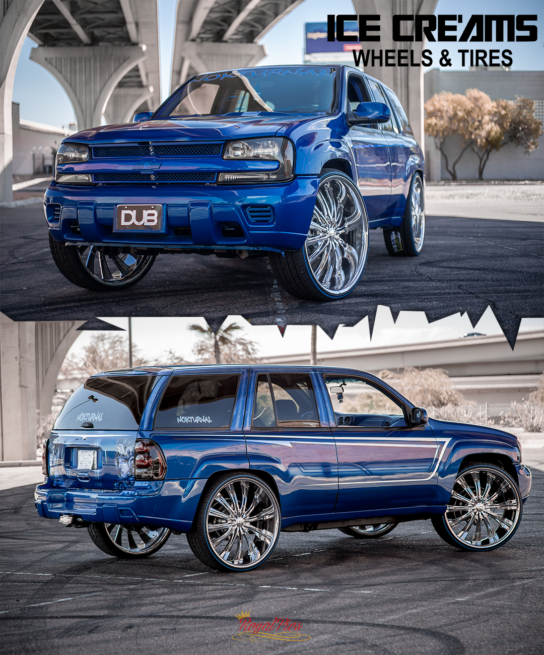 Blue customized SUV with chrome rims under a freeway overpass, shown from front and side views