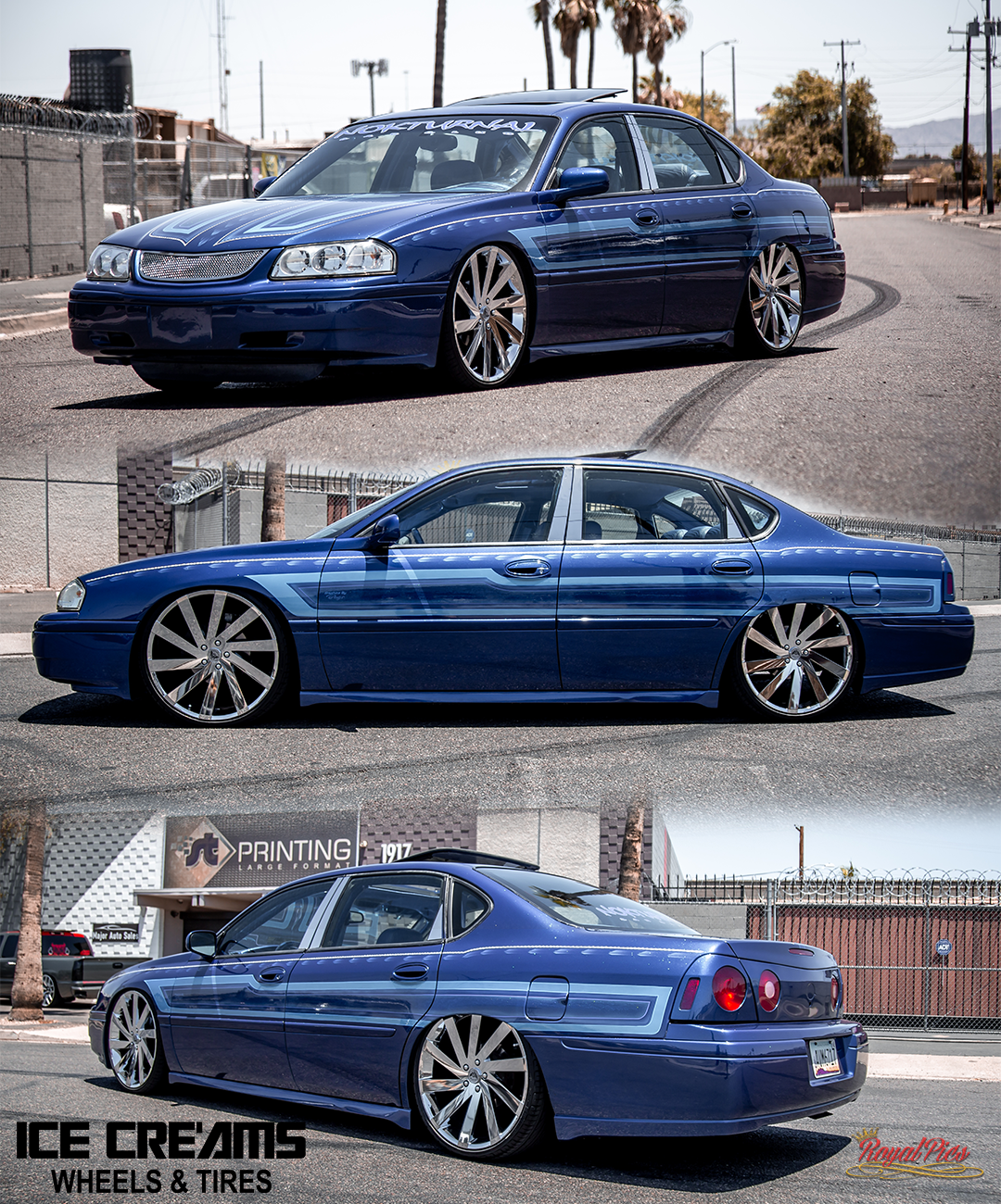 Blue lowered sedan shown in three views at a car meet, parked on pavement with city buildings behind.