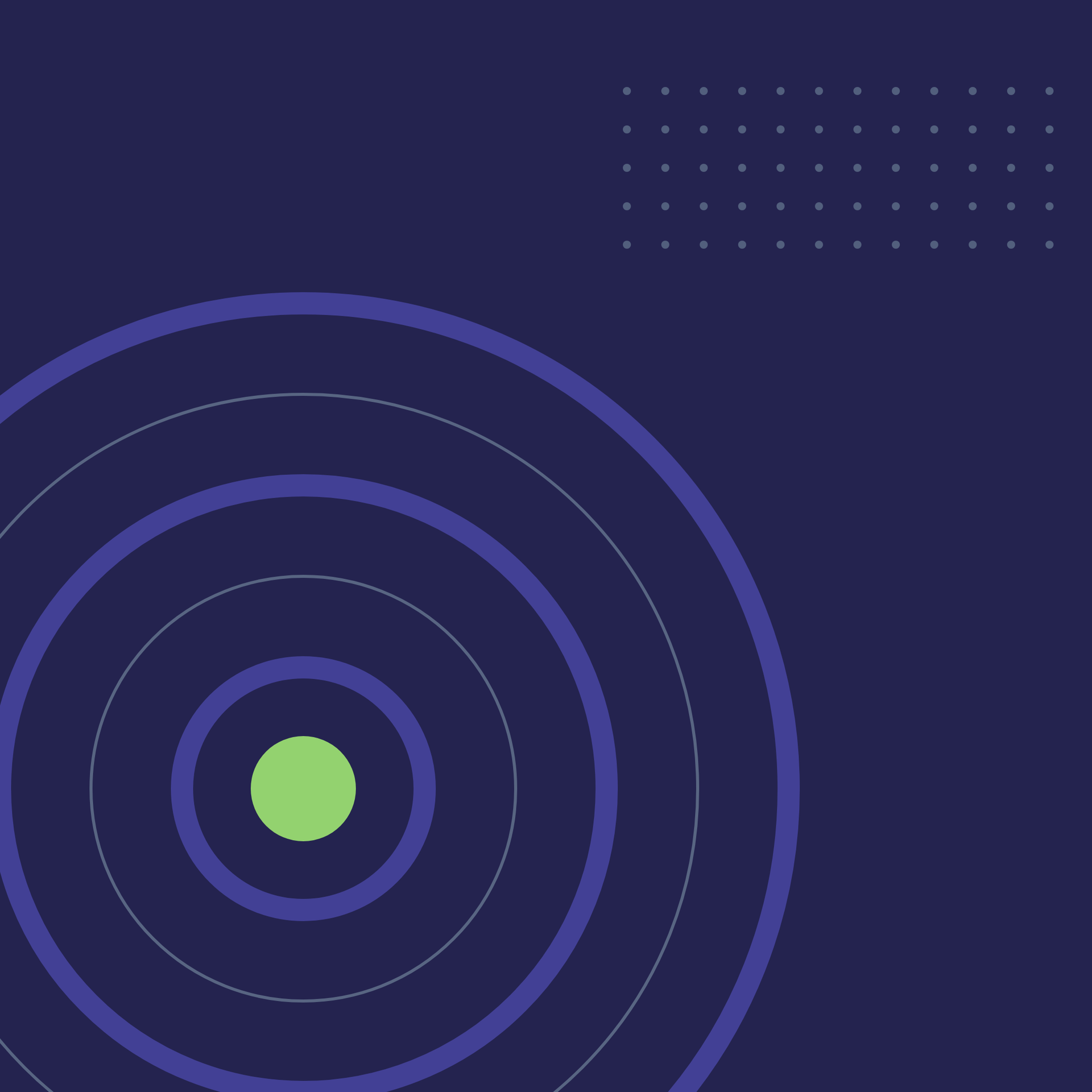Purple abstract target graphic with concentric circles and a green center, dotted pattern in the top right.