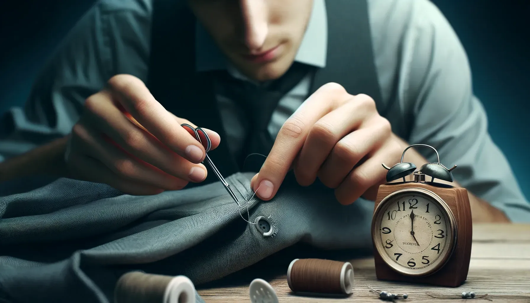 A man is working on a piece of clothing next to a pocket watch