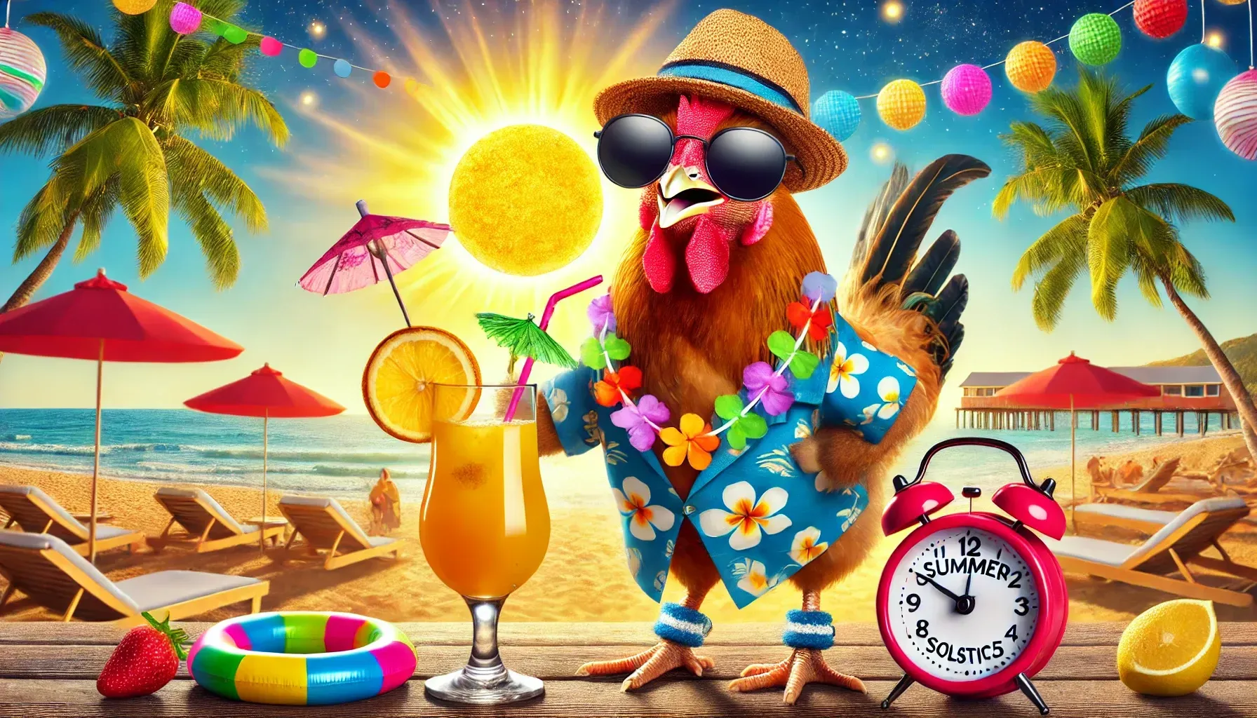 A rooster wearing sunglasses and a hawaiian shirt is on the beach